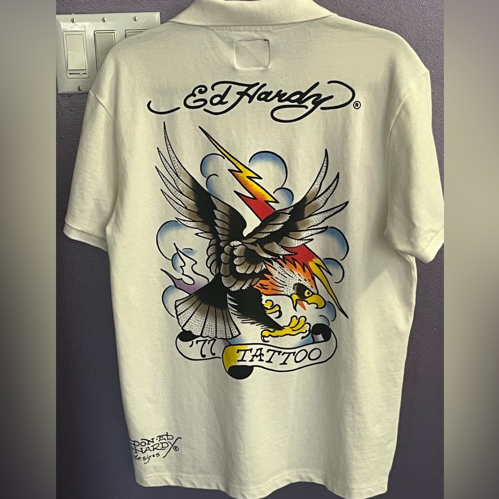 Ed Hardy Rhinestone Crystal vintage eagle tattoo Mens polo sleeve tee shirt art